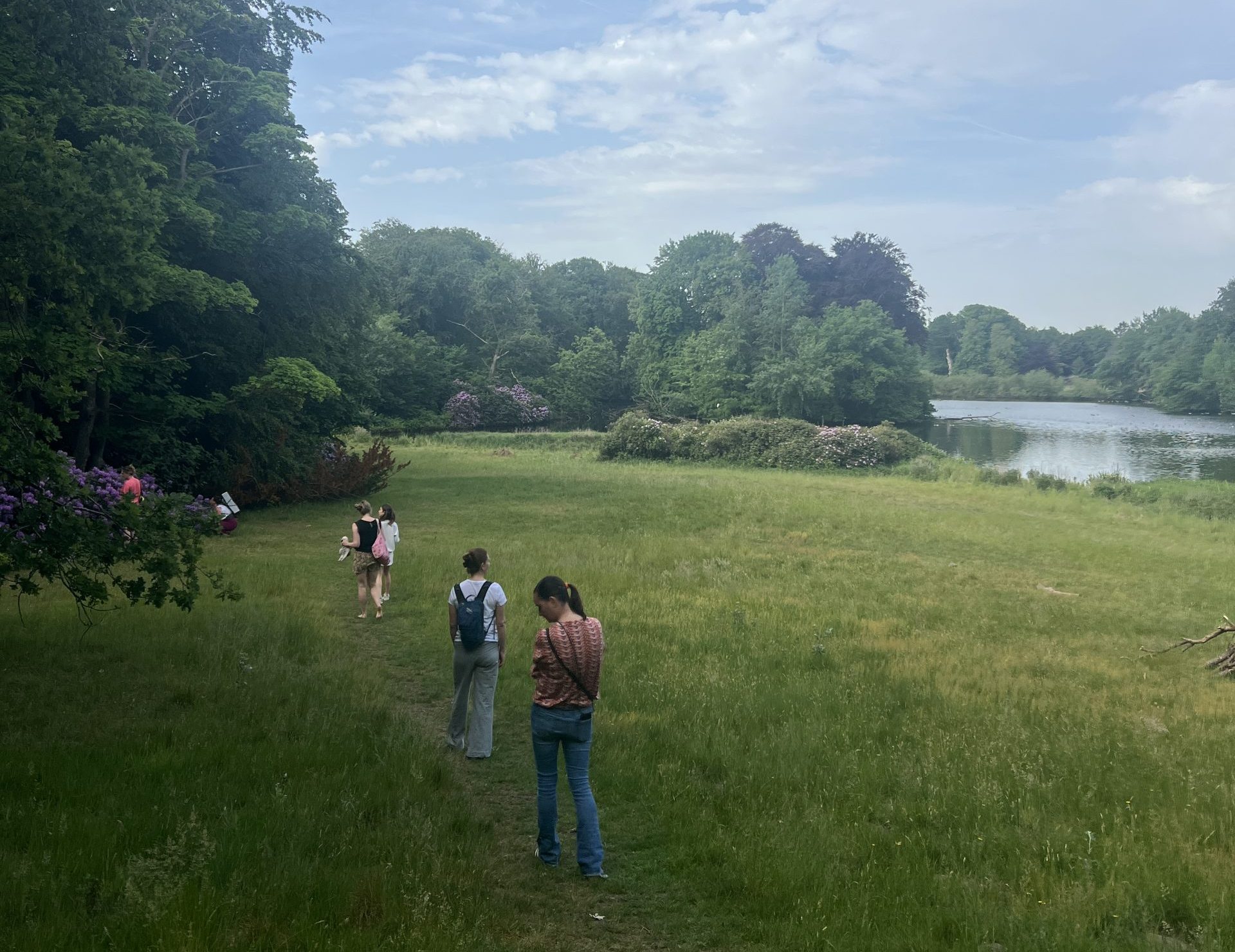 Groep wandelt mindfull richting water tijdens bosbad keramiek